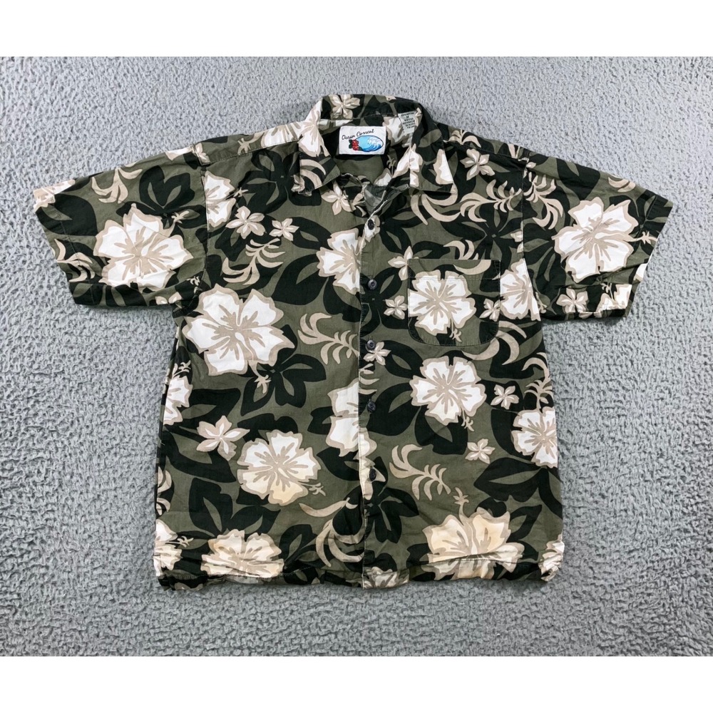 Ocean Current Hawaiian Button Up Shirt Men M Floral Hibiscus Resort Beach Vaca